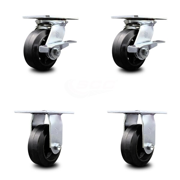 Service Caster 5 Inch Rubber on Steel Caster Set with Roller Bearing 2 Brakes and 2 Rigid SCC SCC-35S520-RSR-SLB-2-R-2 - main